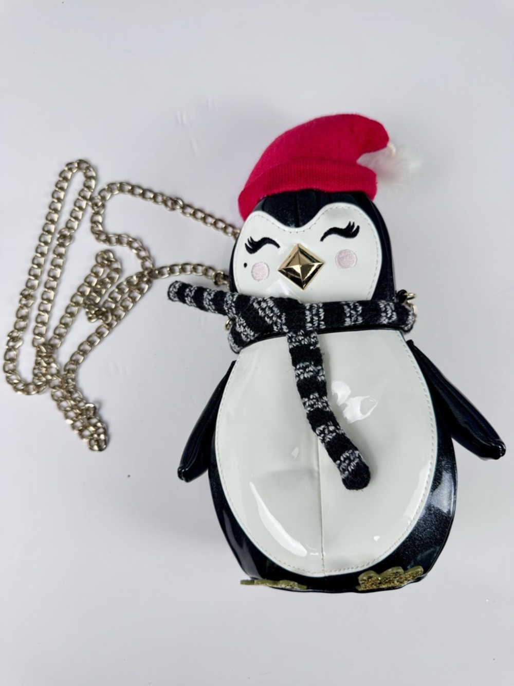 Betsey Johnson Penguino Cozy Penguin Crossbody Black White Gold Chain Bag Purse